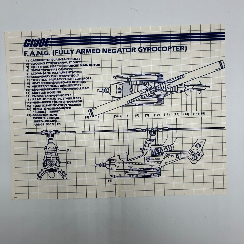 Vintage 1983 GI Joe Cobra F.A.N.G. Gyrocopter Instructions Blueprint Hasbro 6077